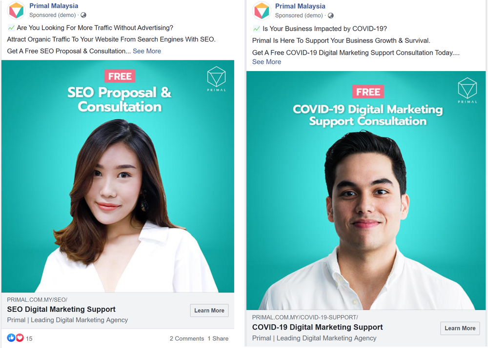 Example of 2 facebook adverts